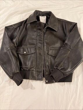 Garage Black Faux Leather Bomber with Front Flap Pockets